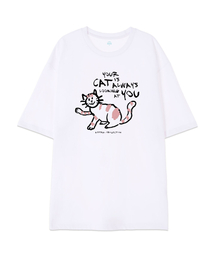 [オーバーサイズ]ドゥドゥルキャット 13番手 綿 ラウンドネック 半袖Tシャツ_ホワイト