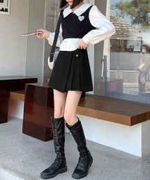 キュロットスカート 秋冬 ショート丈」に該当するブラック/黒色系の