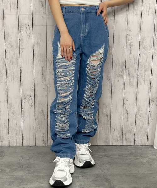 MADNESS ダメージデニムパンツ XXL ブルー ヴィンテージ加工 セール】《大胆クラッシュ×美脚ストレート》レディース デニムパンツ