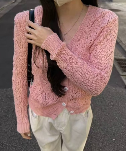 mebole(メボレ)の「透かし編みVネックカーディガン(カーディガン/ボレロ・レディース・ホワイト/グリーン/ピンク・FREE)」の3枚目の写真