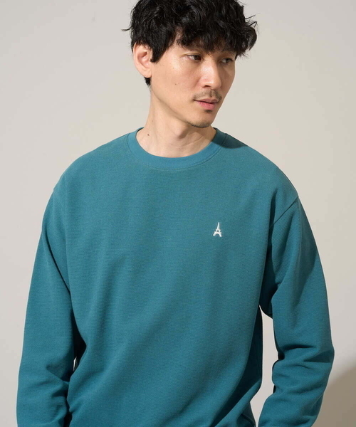 a.v.v(アーヴェヴェ)の「【イージーケア/洗濯機で洗える/毛玉になりにくい】アゼダブルフェイス1ポイント刺繍プルオーバー(Tシャツ/カットソー・メンズ・ピンク/グリーン/ホワイト/ライトグレー/ダークインディゴブルー・46/48/50)」の4枚目の写真