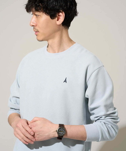 a.v.v(アーヴェヴェ)の「【イージーケア/洗濯機で洗える/毛玉になりにくい】アゼダブルフェイス1ポイント刺繍プルオーバー(Tシャツ/カットソー・メンズ・ピンク/グリーン/ホワイト/ライトグレー/ダークインディゴブルー・46/48/50)」の5枚目の写真