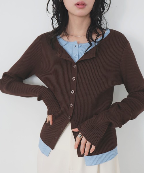 LIAN(リアン)の「バイカラーリブニットカーデ(カーディガン/ボレロ・レディース・グレー/ベージュ/ブラウン/ブラック・FREE)」の4枚目の写真