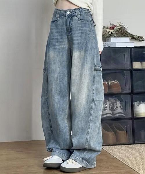 Miniministore(ミニミニストア)の「ワイドデニムパンツ韓国風ステッチジーンズ(デニムパンツ・レディース・サックスブルー・M/S/L)」の1枚目の写真