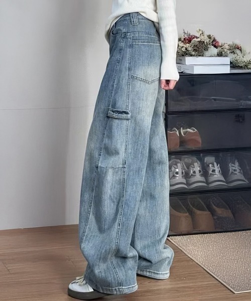 Miniministore(ミニミニストア)の「ワイドデニムパンツ韓国風ステッチジーンズ(デニムパンツ・レディース・サックスブルー・M/S/L)」の2枚目の写真