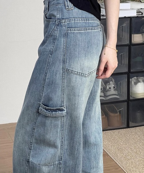 Miniministore(ミニミニストア)の「ワイドデニムパンツ韓国風ステッチジーンズ(デニムパンツ・レディース・サックスブルー・M/S/L)」の4枚目の写真
