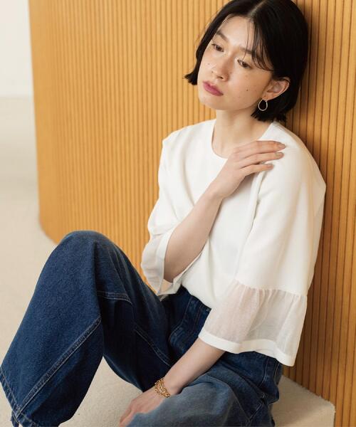 OPAQUE.CLIP（オペークドットクリップ）の「シアーフレアスリーブニット【洗濯機OK/抗ピル】（ニット/セーター・レディース・ホワイト/ライトブルー/イエロー系その他/ブラック/ライトグレー・38/40/36/42）」の7枚目の写真