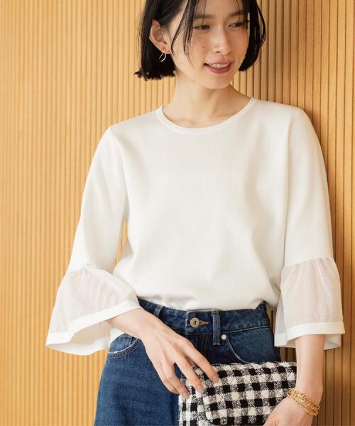 OPAQUE.CLIP（オペークドットクリップ）の「シアーフレアスリーブニット【洗濯機OK/抗ピル】（ニット/セーター・レディース・ホワイト/ライトブルー/イエロー系その他/ブラック/ライトグレー・38/40/36/42）」の6枚目の写真