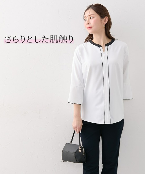 Nissen glamor（ニッセングラマー）の「【大きい胸専用】配色パイピング６分袖ブラウス（形態安定イージーケア・透けにくい・ＵＶカット）（シャツ/ブラウス・レディース・ダークネイビー/ホワイト・M/L/LL）」の13枚目の写真