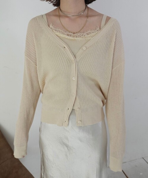 EMMA　ROUGE VIF（エマルージュヴィフ）の「【一部店舗限定】レースキャミ付きニットアンサンブル/カーディガン/２点セット/手洗い可能（ニット/セーター・レディース・ブラウン/アイボリー/ブラック・フリー）」の6枚目の写真