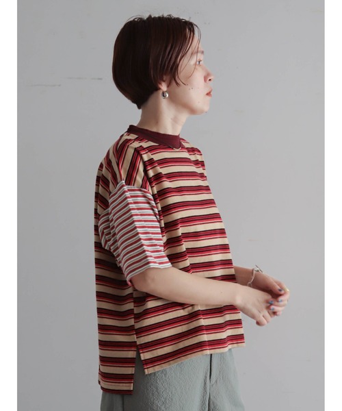FIL DE FER(フィルデフェール)の「ピッチコンビボーダー モックネックP/O(Tシャツ/カットソー・レディース・グリーン/レッド・FREE)」の1枚目の写真