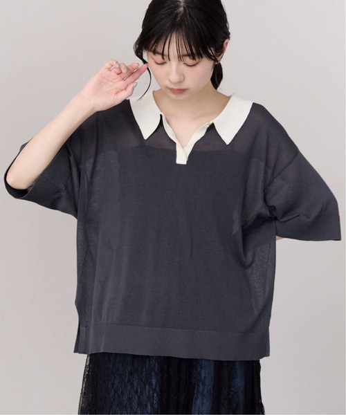 pocket(ポケット)の「シアーポロニット(ニット/セーター・レディース・ブラウン/オフホワイト/チャコールグレー/ブルー・FREE)」の2枚目の写真
