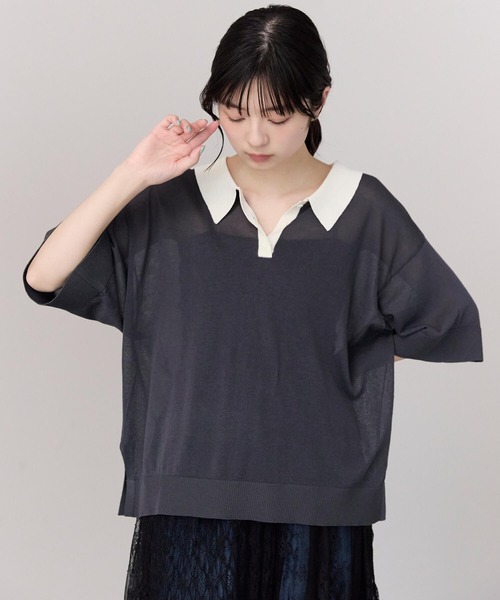 pocket(ポケット)の「シアーポロニット(ニット/セーター・レディース・ブラウン/オフホワイト/チャコールグレー/ブルー・FREE)」の14枚目の写真