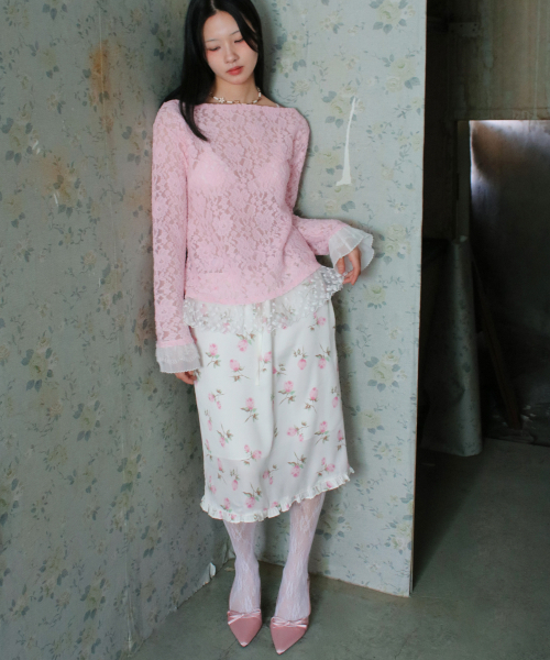 ソフィア ボートネック フリル レース ロングスリーブ Tシャツ_ピンク