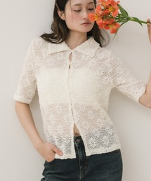 フラワーポロニットカットソー/ ポロニット フラワーモチーフ 花柄 シアーニット シアートップス 透け感 襟付き 半袖 カーディガン 羽織り 韓国 韓国ファッション ノームコア フェミニン ミックススタイル 春 夏