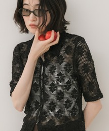 フラワーポロニットカットソー/ ポロニット フラワーモチーフ 花柄 シアーニット シアートップス 透け感 襟付き 半袖 カーディガン 羽織り 韓国 韓国ファッション ノームコア フェミニン ミックススタイル 春 夏