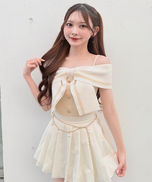 NOMAE(ノーマエ)の「リボンオフショルニット(ニット/セーター・レディース・ピンク/イエロー/オフホワイト/ブラック・FREE)」の3枚目の写真