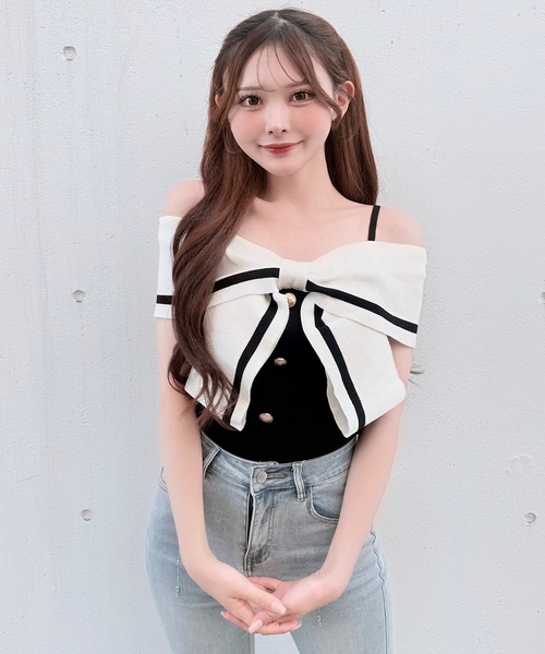 NOMAE(ノーマエ)の「リボンオフショルニット(ニット/セーター・レディース・ピンク/イエロー/オフホワイト/ブラック・FREE)」の1枚目の写真