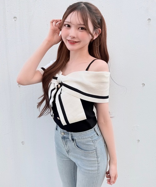NOMAE(ノーマエ)の「リボンオフショルニット(ニット/セーター・レディース・ピンク/イエロー/オフホワイト/ブラック・FREE)」の10枚目の写真