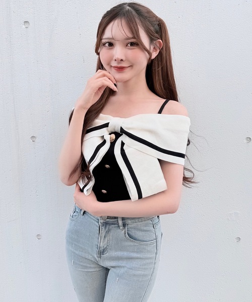 NOMAE(ノーマエ)の「リボンオフショルニット(ニット/セーター・レディース・ピンク/イエロー/オフホワイト/ブラック・FREE)」の12枚目の写真
