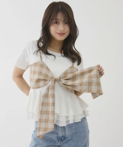 archives（アルシーヴ）の「【大人可愛いが叶うリボンビスチェSET】チェックアソートリボンビスチェ×ペプラムブラウスＴＥＥ　ＳＥＴ（Tシャツ/カットソー・レディース・ベージュ/ブラウン/ブラック/チャコールグレー・MEDIUM）」の4枚目の写真