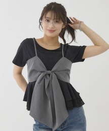 【大人可愛いが叶うリボンビスチェSET】チェックアソートリボンビスチェ×ペプラムブラウスTEE SET