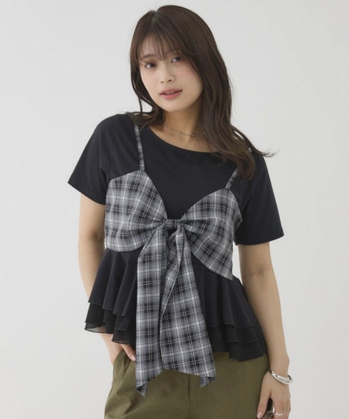 archives（アルシーヴ）の「【大人可愛いが叶うリボンビスチェSET】チェックアソートリボンビスチェ×ペプラムブラウスＴＥＥ　ＳＥＴ（Tシャツ/カットソー・レディース・ベージュ/ブラウン/ブラック/チャコールグレー・MEDIUM）」の2枚目の写真