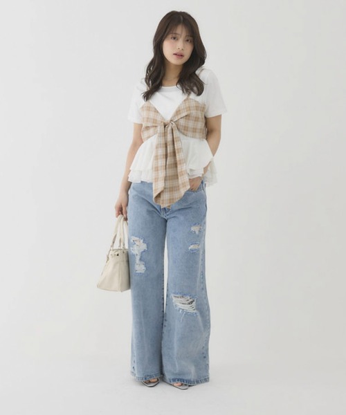 archives（アルシーヴ）の「【大人可愛いが叶うリボンビスチェSET】チェックアソートリボンビスチェ×ペプラムブラウスＴＥＥ　ＳＥＴ（Tシャツ/カットソー・レディース・ベージュ/ブラウン/ブラック/チャコールグレー・MEDIUM）」の21枚目の写真