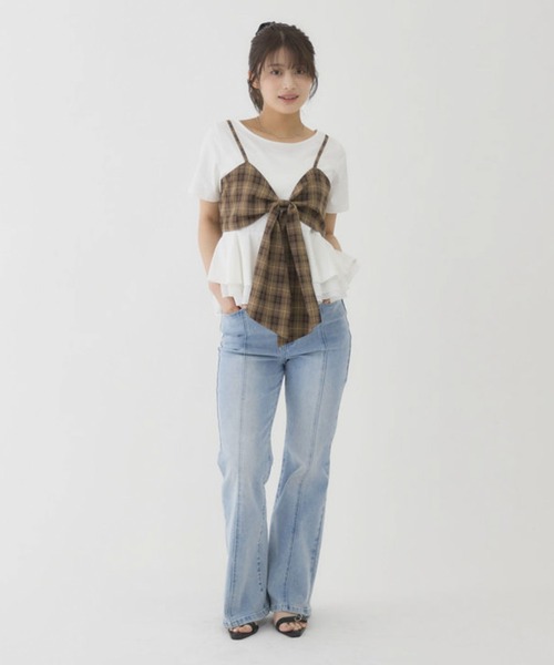 archives（アルシーヴ）の「【大人可愛いが叶うリボンビスチェSET】チェックアソートリボンビスチェ×ペプラムブラウスＴＥＥ　ＳＥＴ（Tシャツ/カットソー・レディース・ベージュ/ブラウン/ブラック/チャコールグレー・MEDIUM）」の5枚目の写真