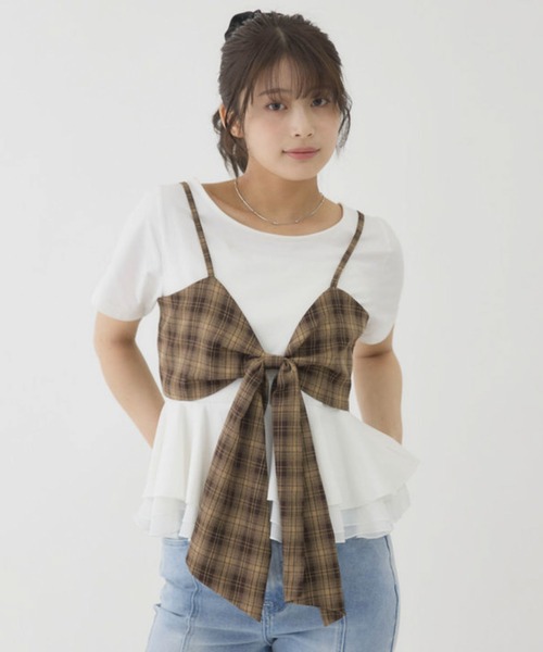 archives（アルシーヴ）の「【大人可愛いが叶うリボンビスチェSET】チェックアソートリボンビスチェ×ペプラムブラウスＴＥＥ　ＳＥＴ（Tシャツ/カットソー・レディース・ベージュ/ブラウン/ブラック/チャコールグレー・MEDIUM）」の8枚目の写真