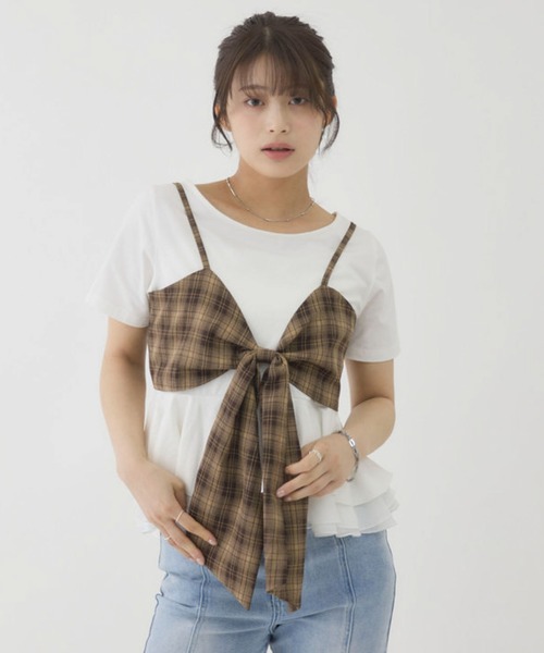 archives（アルシーヴ）の「【大人可愛いが叶うリボンビスチェSET】チェックアソートリボンビスチェ×ペプラムブラウスＴＥＥ　ＳＥＴ（Tシャツ/カットソー・レディース・ベージュ/ブラウン/ブラック/チャコールグレー・MEDIUM）」の9枚目の写真