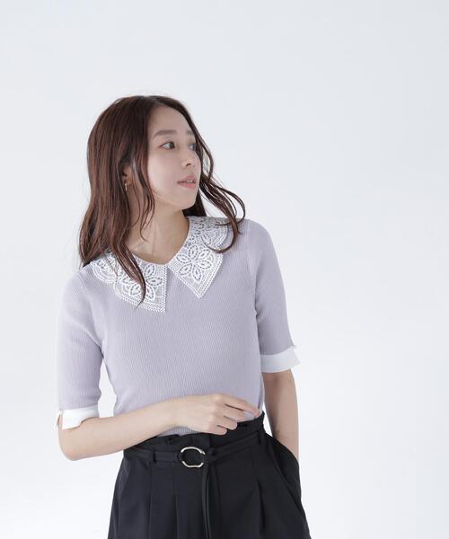 NATURAL BEAUTY BASIC（ナチュラルビューティーベーシック）の「レースカラーニット（ニット/セーター・レディース・ブラック/ベージュ/グレー・ﾌﾘ-）」の2枚目の写真