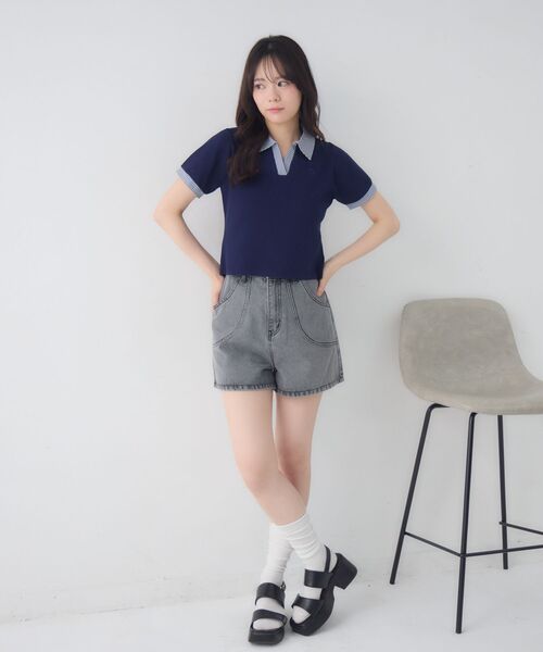 ems excite(エムズエキサイト)の「スキッパーSH襟ショートNT(Tシャツ/カットソー・レディース・ブラック/ベージュ/ダークブルー・FREE)」の7枚目の写真