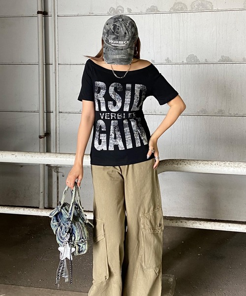 non-hedge（ノンヘッジ）の「ロゴオフショルダーTシャツ（Tシャツ/カットソー・レディース・ブラウン/カーキ/オフホワイト/ブラック・FREE）」の7枚目の写真