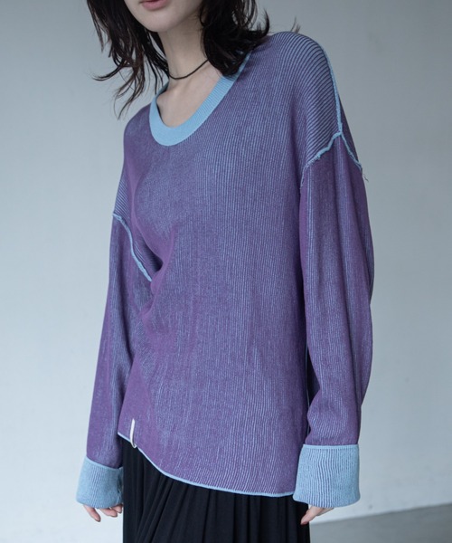 VACANCY(ヴァカンシー)の「プレーティング配色リブトップス/ユニセックス/新色追加(Tシャツ/カットソー・レディース・ブラック/グリーン/カーキ/ダークグリーン/ブルー/ダークブルー/パープル/イエロー/ボルドー/オレンジ・FREE)」の5枚目の写真
