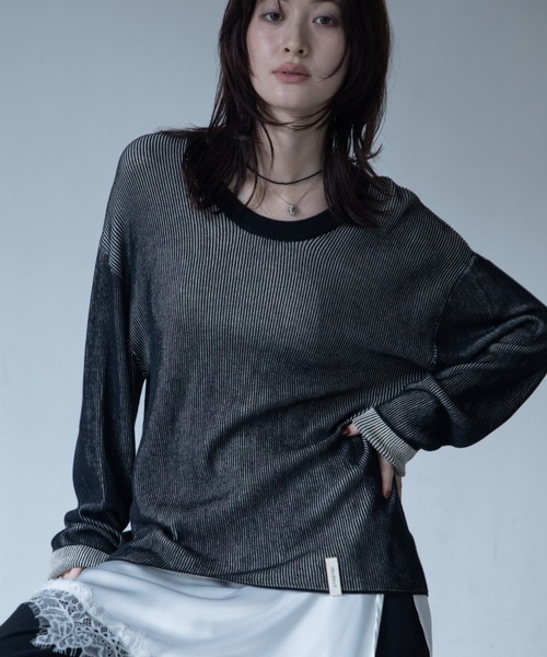 VACANCY(ヴァカンシー)の「プレーティング配色リブトップス/ユニセックス/新色追加(Tシャツ/カットソー・レディース・ブラック/グリーン/カーキ/ダークグリーン/ブルー/ダークブルー/パープル/イエロー/ボルドー/オレンジ・FREE)」の1枚目の写真