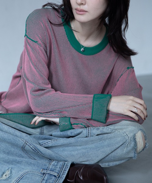 VACANCY(ヴァカンシー)の「プレーティング配色リブトップス/ユニセックス/新色追加(Tシャツ/カットソー・レディース・ブラック/グリーン/カーキ/ダークグリーン/ブルー/ダークブルー/パープル/イエロー/ボルドー/オレンジ・FREE)」の2枚目の写真