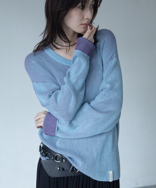VACANCY(ヴァカンシー)の「プレーティング配色リブトップス/ユニセックス/新色追加(Tシャツ/カットソー・レディース・ブラック/グリーン/カーキ/ダークグリーン/ブルー/ダークブルー/パープル/イエロー/ボルドー/オレンジ・FREE)」の16枚目の写真