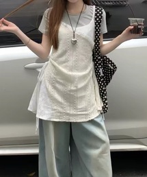 透かしレース サイドドローコード付き キャミミニワンピース レイヤード重ね着インナースリップ レディース甘クール 重ね着用シアースリップ レディース韓国デイリートップス
