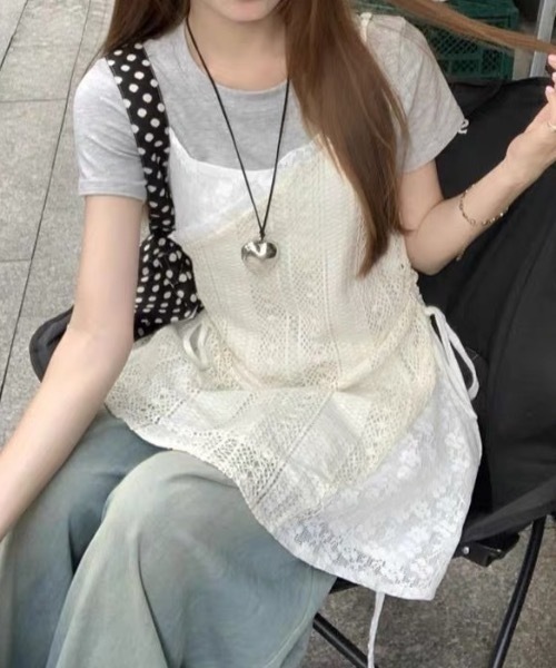SHERU(シェル)の「透かしレース サイドドローコード付き キャミミニワンピース レイヤード重ね着インナースリップ レディース甘クール 重ね着用シアースリップ レディース韓国デイリートップス(キャミソール・レディース・アイボリー・MEDIUM)」の19枚目の写真