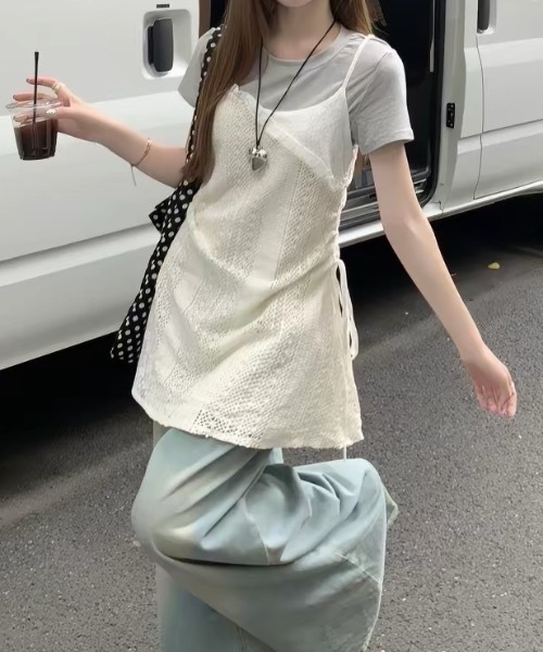SHERU(シェル)の「透かしレース サイドドローコード付き キャミミニワンピース レイヤード重ね着インナースリップ レディース甘クール 重ね着用シアースリップ レディース韓国デイリートップス(キャミソール・レディース・アイボリー・MEDIUM)」の3枚目の写真