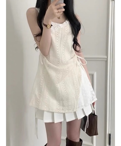 SHERU(シェル)の「透かしレース サイドドローコード付き キャミミニワンピース レイヤード重ね着インナースリップ レディース甘クール 重ね着用シアースリップ レディース韓国デイリートップス(キャミソール・レディース・アイボリー・MEDIUM)」の18枚目の写真