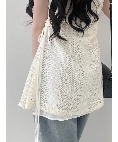 SHERU(シェル)の「透かしレース サイドドローコード付き キャミミニワンピース レイヤード重ね着インナースリップ レディース甘クール 重ね着用シアースリップ レディース韓国デイリートップス(キャミソール・レディース・アイボリー・MEDIUM)」の2枚目の写真
