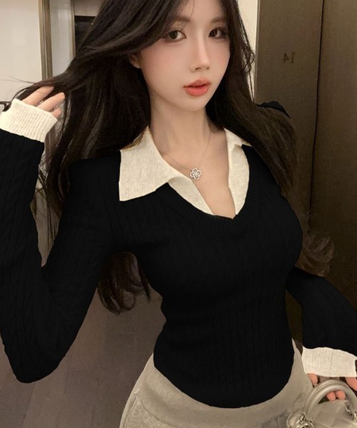 MELT(メルト)の「【スタイルアップ】レイヤード風ケーブルニットトップス/ポロニットトップス(ニット/セーター・レディース・オフホワイト/グレー/ブラック・FREE)」の1枚目の写真