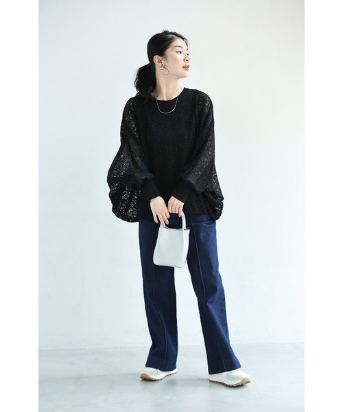cawaii（カワイイ）の「体型カバーが叶う リブ×レース 長袖トップス（Tシャツ/カットソー・レディース・ブラック/ホワイト/グリーン・FREE）」の6枚目の写真