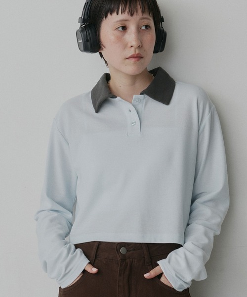 ad thie(アドティエ)の「ショート丈 バイカラー ポロシャツ(ポロシャツ・レディース・チャコール/ライトブルー/ネイビー/ブラウン/アイボリー/ピンク・FREE)」の4枚目の写真