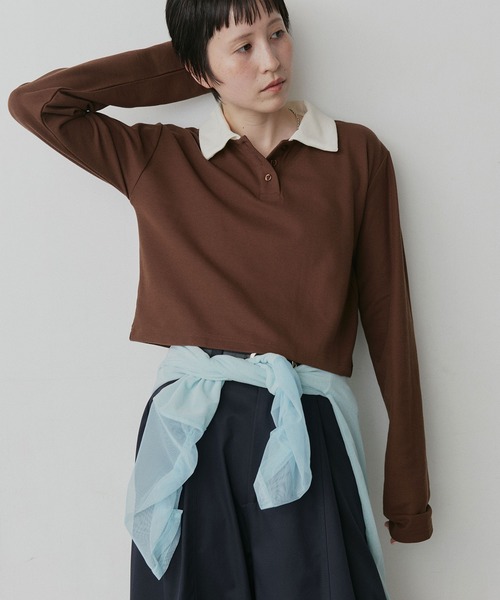 ad thie(アドティエ)の「ショート丈 バイカラー ポロシャツ(ポロシャツ・レディース・チャコール/ライトブルー/ネイビー/ブラウン/アイボリー/ピンク・FREE)」の15枚目の写真