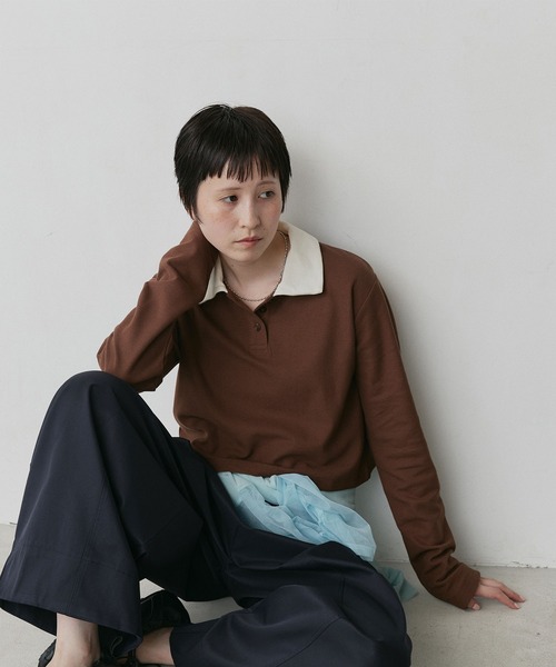 ad thie(アドティエ)の「ショート丈 バイカラー ポロシャツ(ポロシャツ・レディース・チャコール/ライトブルー/ネイビー/ブラウン/アイボリー/ピンク・FREE)」の18枚目の写真