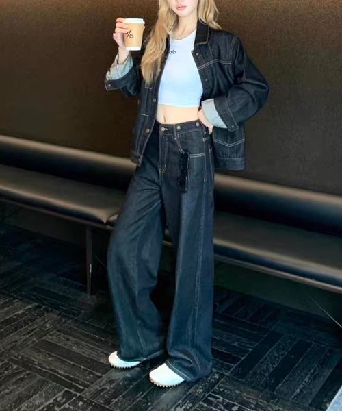 FAVORITO(ファヴォリート)の「デニムトップスワイドパンツセットアップ(セットアップ・レディース・ブラック・S/M/L)」の8枚目の写真