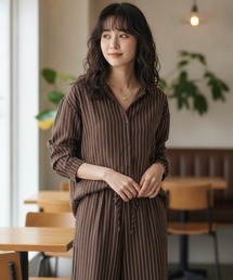 【リラックス感・きれいめ】ストライプ柄シャツ×パンツ セットアップ/3色展開|ブラック ブラウン ベージュ 上下2点セット 長袖 ルームウェア 大人カジュアル